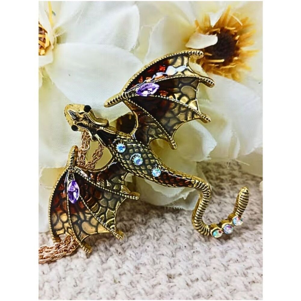 Necklace Enamel Dragon & Rhinestone Vintage Inspired Oil Drip Flying Dragon